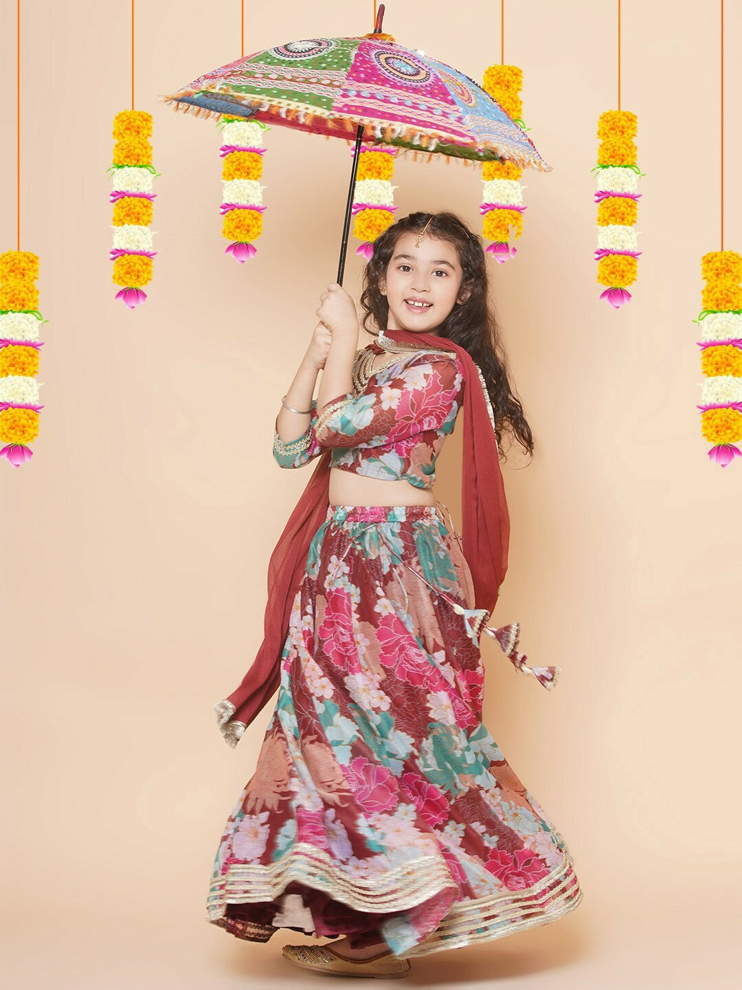 Buy Maroon & Blue Printed Girls Lehenga Choli with Dupatta - Indiaista