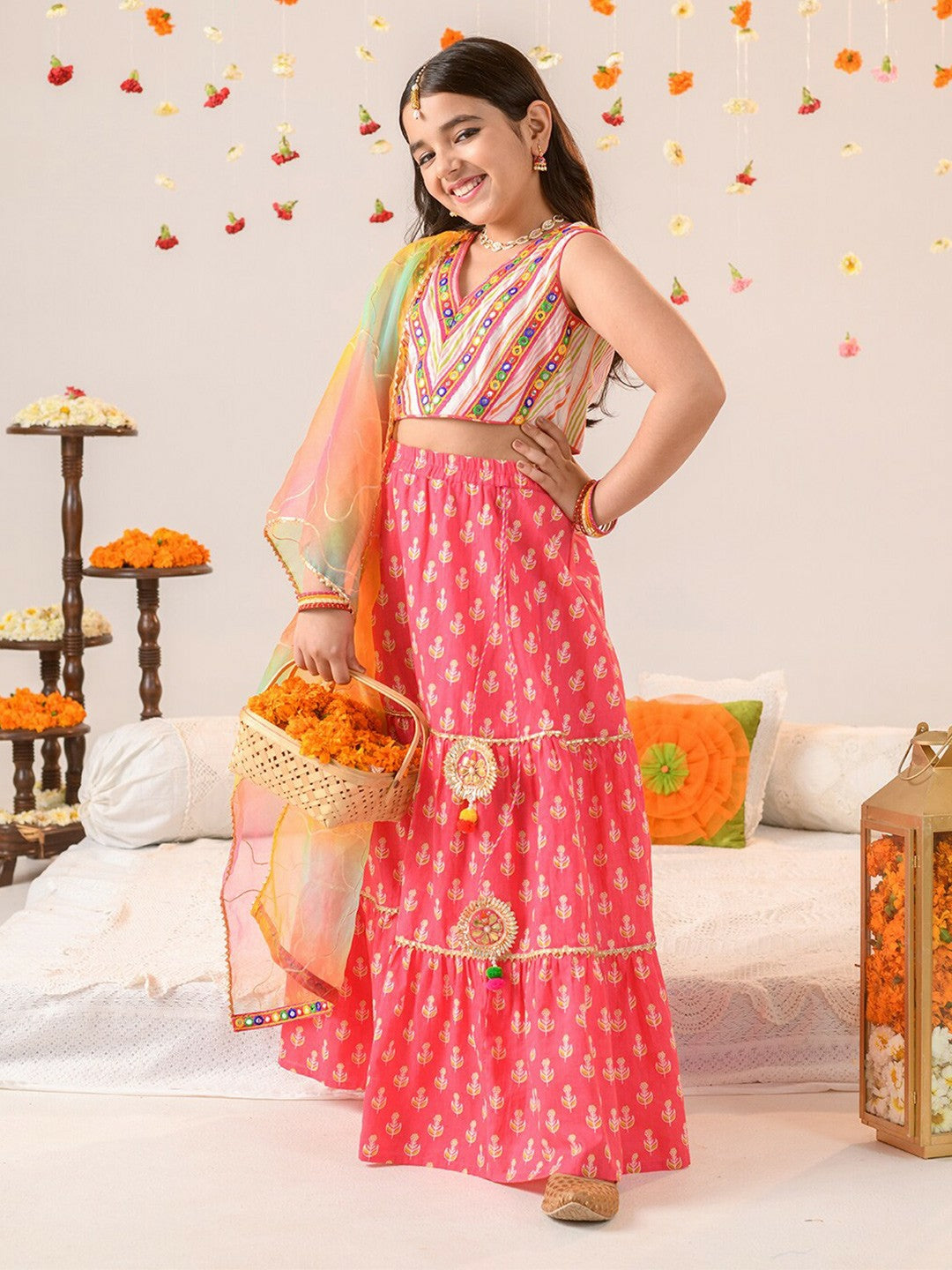 Buy Magenta & Pink Embellished Mirror Work Girls Lehenga Choli with Dupatta – Indiaista