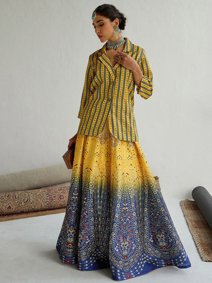 Handmade Yellow & Blue Printed Lehenga Choli – Bollywood Wedding, Bridal & Bridesmaid Wear | Indiaista