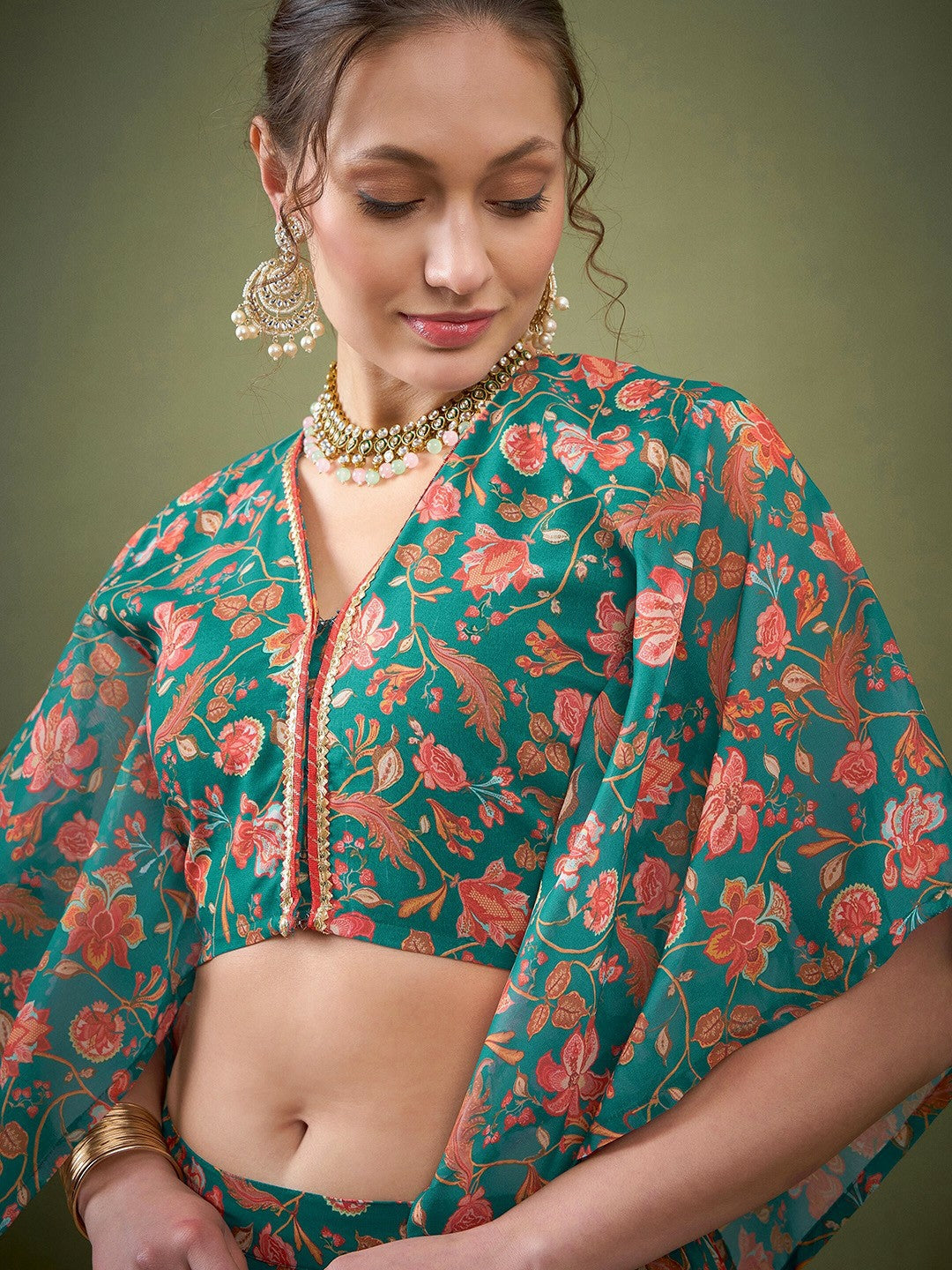 Green Floral Printed Lehenga Choli – Bollywood Wedding & Bridal Bridesmaid Outfit | Indiaista