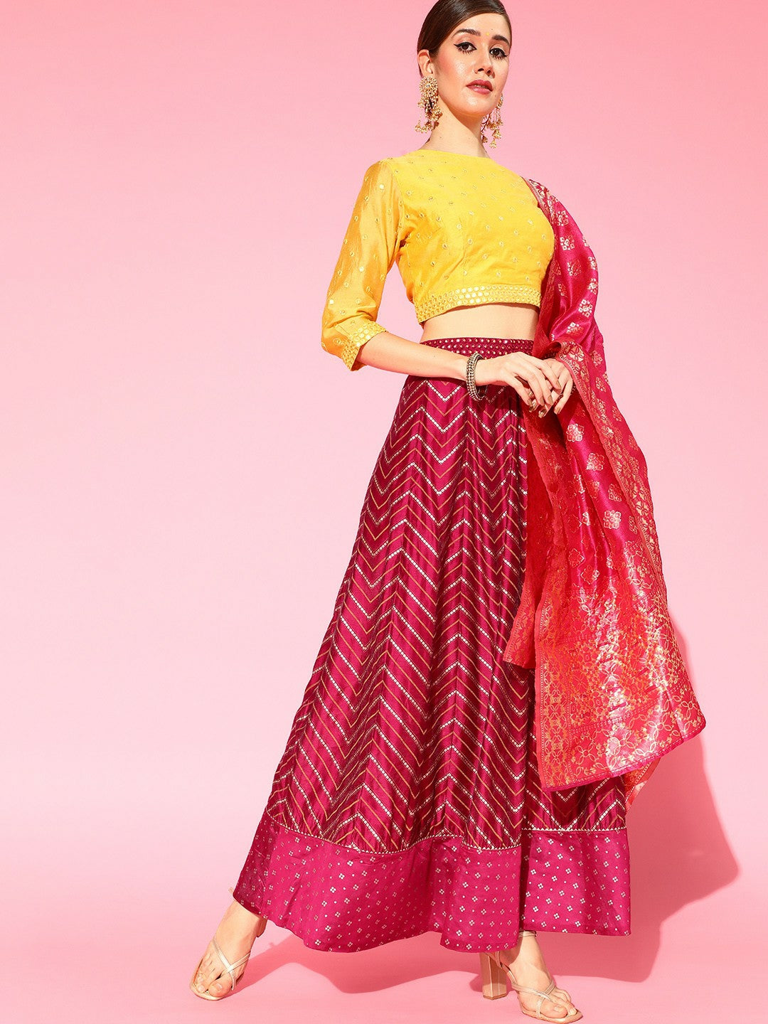 Pink & Yellow Embellished Lehenga Choli for Women – Bollywood Bridal & Bridesmaid Indian Pakistani Wedding Wear | Indiaista