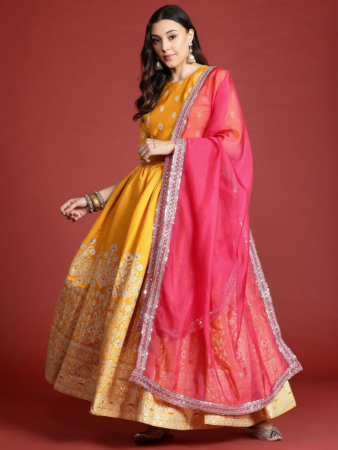 Bollywood Wedding Bridal Bridesmaid Floral Foil Printed Sequinned Lehenga Choli – Yellow & Pink | Indiaista