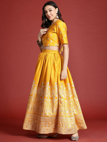 Bollywood Wedding Bridal Bridesmaid Floral Foil Printed Sequinned Lehenga Choli – Yellow & Pink | Indiaista