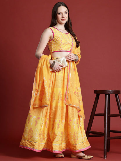 Yellow & Pink Printed Lehenga Choli for Women – Bollywood Wedding Bridal Bridesmaid Outfit | Indiaista