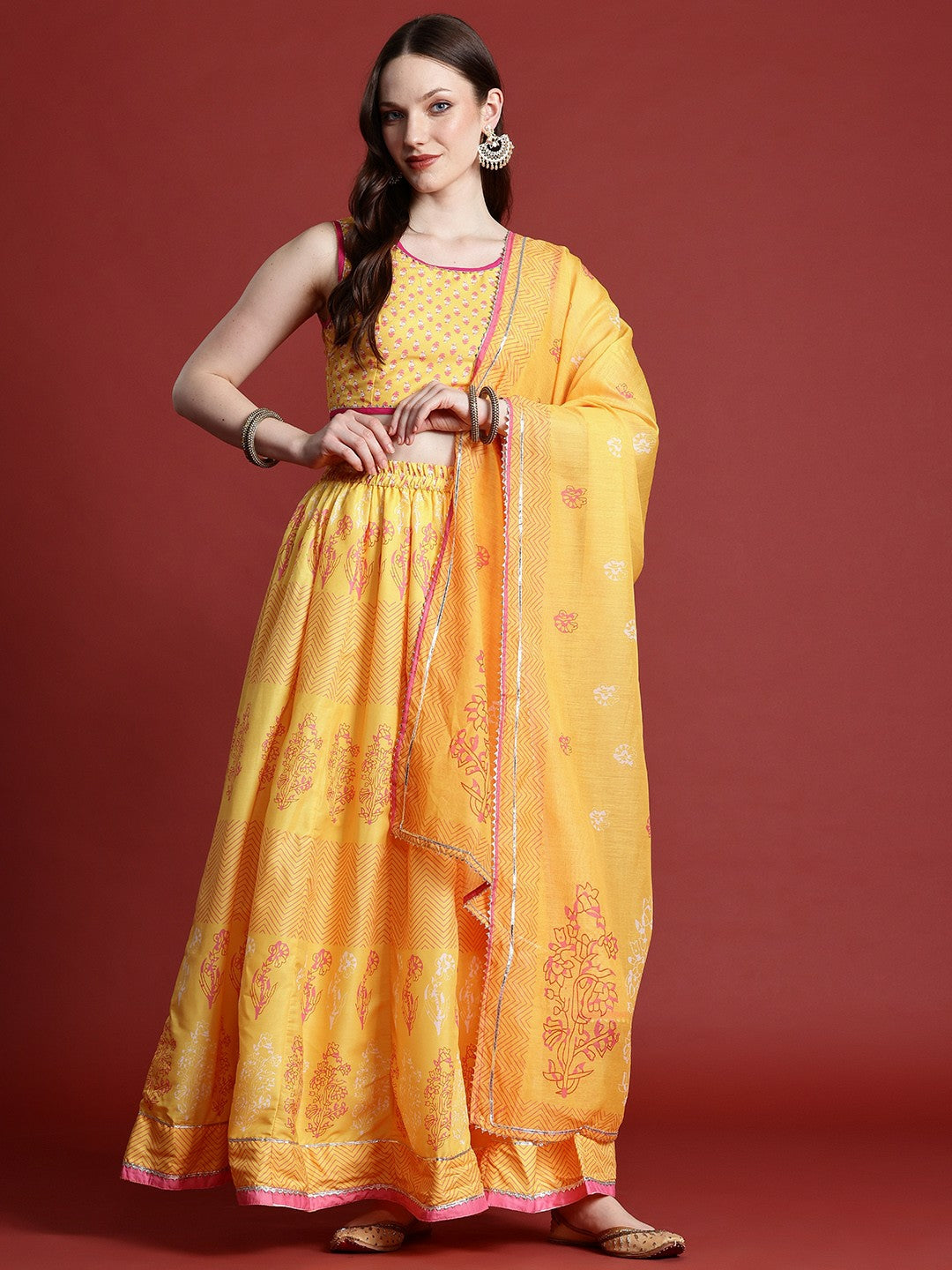 Yellow & Pink Printed Lehenga Choli for Women – Bollywood Wedding Bridal Bridesmaid Outfit | Indiaista