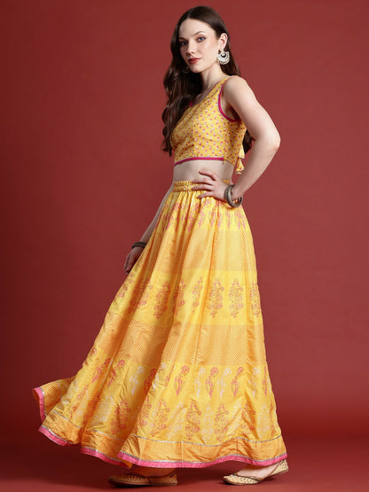 Yellow & Pink Printed Lehenga Choli for Women – Bollywood Wedding Bridal Bridesmaid Outfit | Indiaista