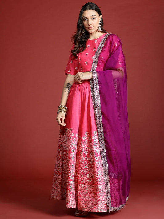 Pink & Magenta Printed Lehenga Choli with Dupatta – Bollywood Bridal & Bridesmaid Outfit | Indiaista