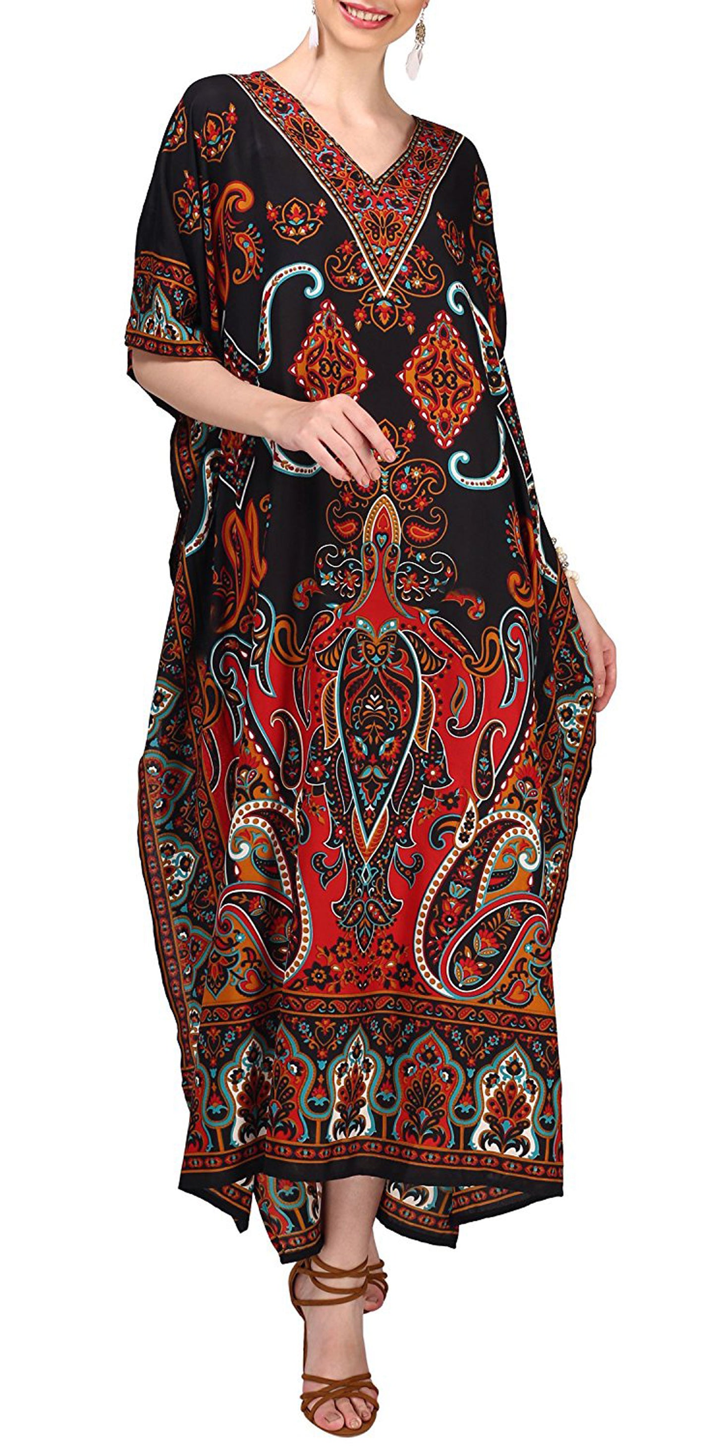 Indian Plus Size Long Kaftan Dress for Women – Bird Print, Boho Hippie Maxi Nightwear | Indiaista