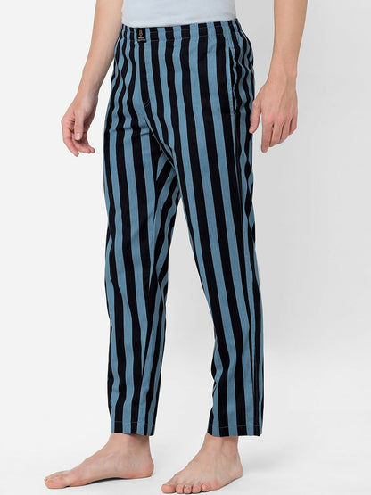 Men Blue & Black Striped Pure Cotton Lounge Pants - Comfortable Mid-Rise with Pockets