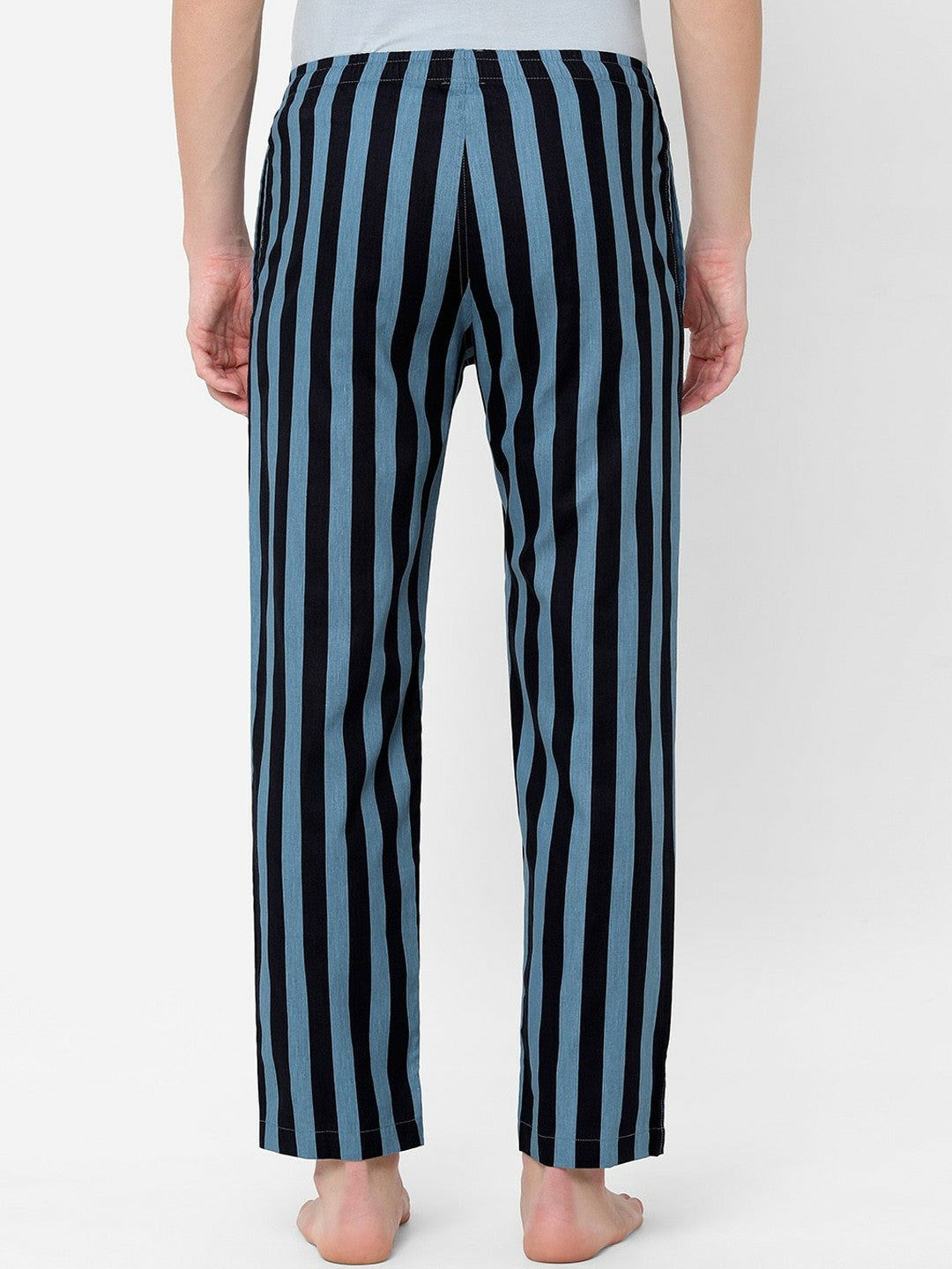 Men Blue & Black Striped Pure Cotton Lounge Pants - Comfortable Mid-Rise with Pockets