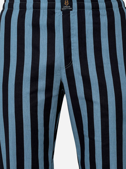 Men Blue & Black Striped Pure Cotton Lounge Pants - Comfortable Mid-Rise with Pockets