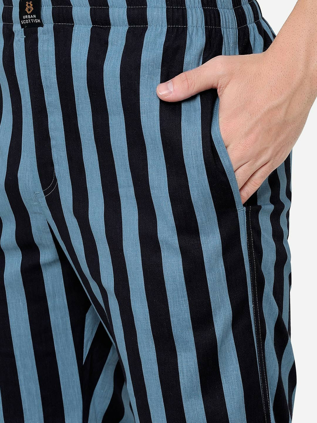 Men Blue & Black Striped Pure Cotton Lounge Pants - Comfortable Mid-Rise with Pockets