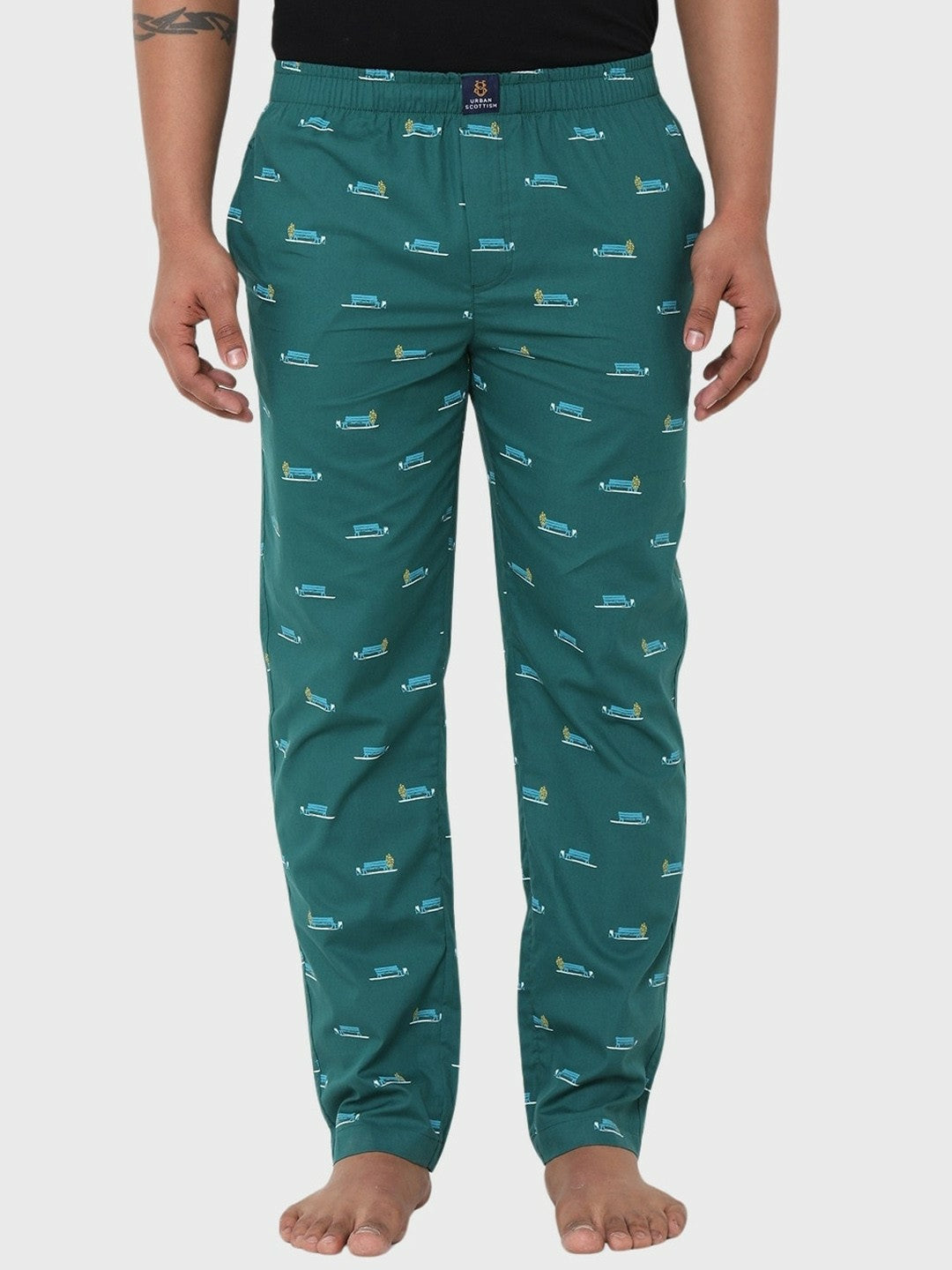 Men Printed Pure Cotton Lounge Pants - Green with Mid Rise, Pockets, and Elastic Waistband | Indiaista