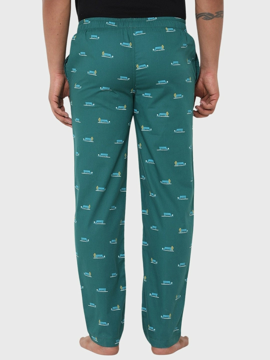 Men Printed Pure Cotton Lounge Pants - Green with Mid Rise, Pockets, and Elastic Waistband | Indiaista