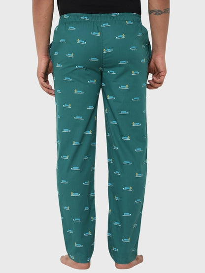 Men Printed Pure Cotton Lounge Pants - Green with Mid Rise, Pockets, and Elastic Waistband | Indiaista