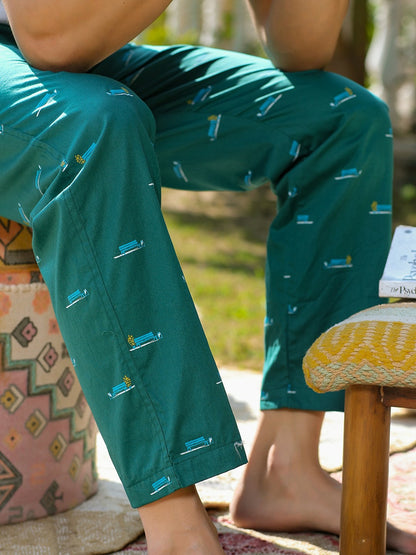 Men Printed Pure Cotton Lounge Pants - Green with Mid Rise, Pockets, and Elastic Waistband | Indiaista