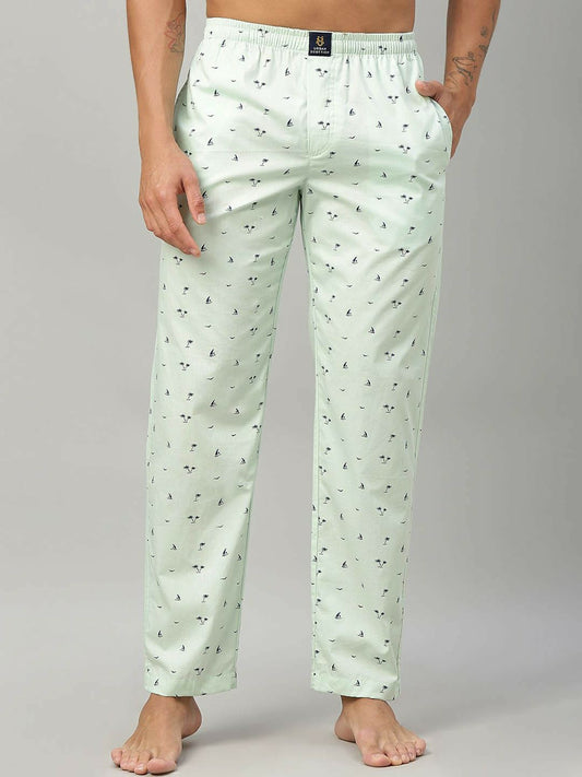 Men Printed Cotton Lounge Pants - Green Mid-Rise with Elastic Waistband | Indiaista