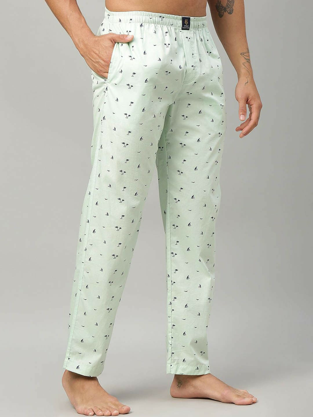 Men Printed Cotton Lounge Pants - Green Mid-Rise with Elastic Waistband | Indiaista