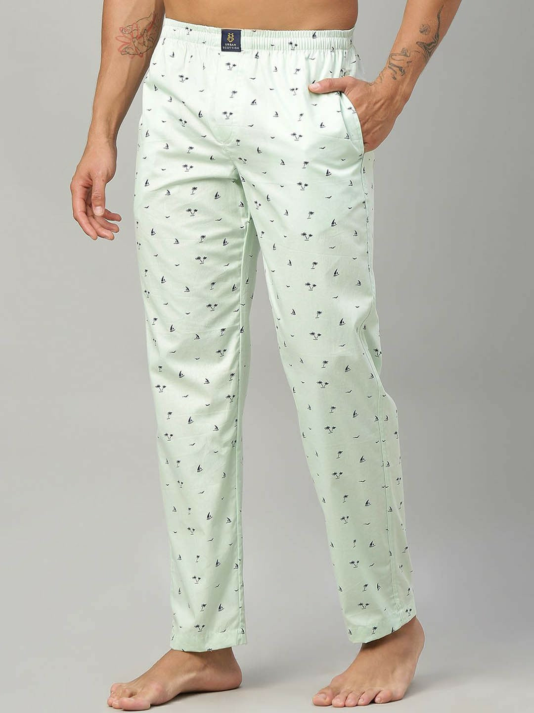 Men Printed Cotton Lounge Pants - Green Mid-Rise with Elastic Waistband | Indiaista