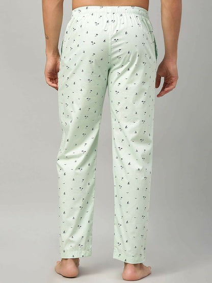 Men Printed Cotton Lounge Pants - Green Mid-Rise with Elastic Waistband | Indiaista