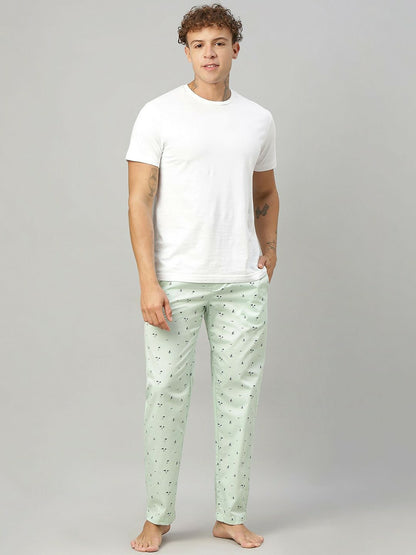 Men Printed Cotton Lounge Pants - Green Mid-Rise with Elastic Waistband | Indiaista