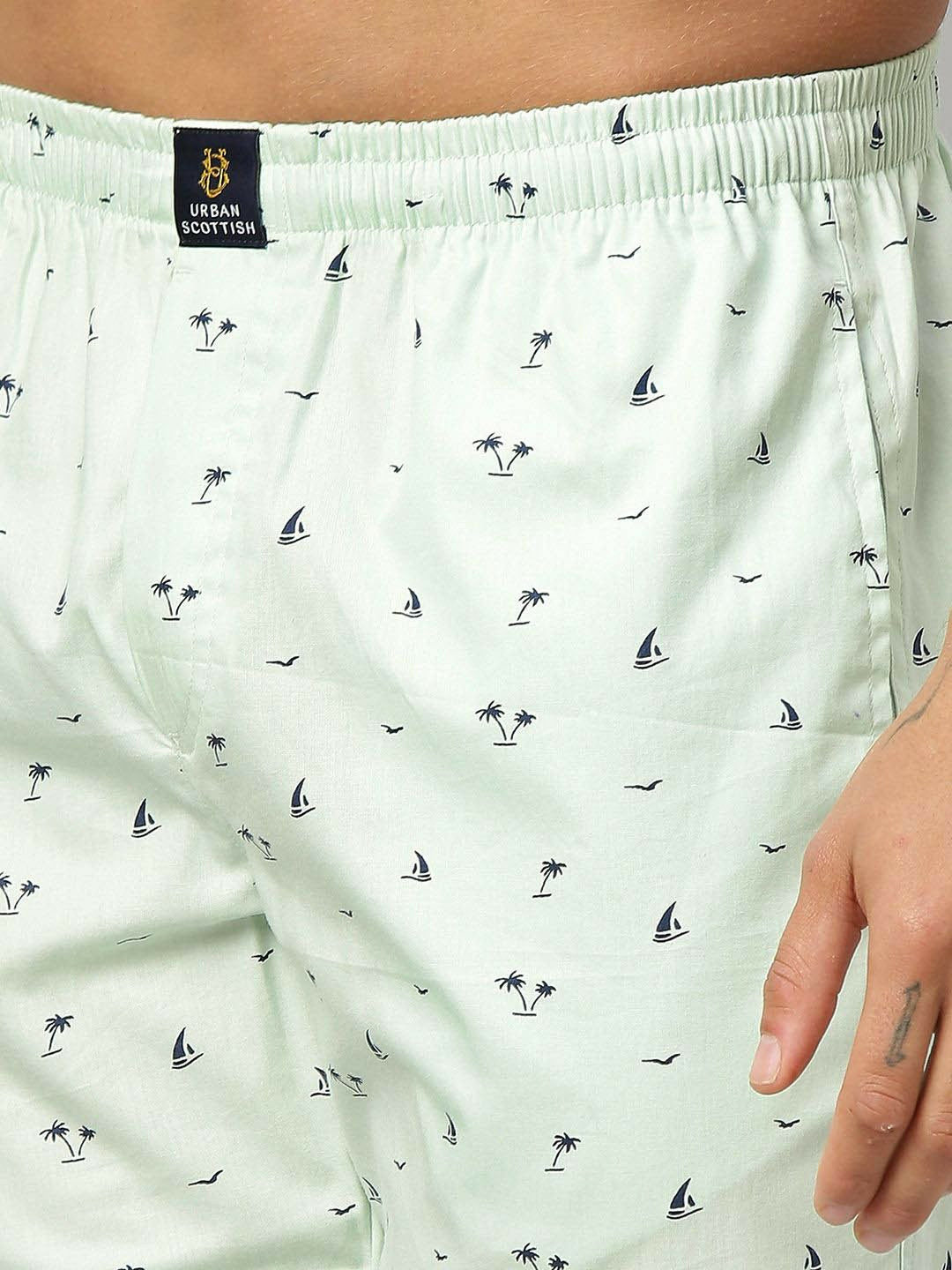 Men Printed Cotton Lounge Pants - Green Mid-Rise with Elastic Waistband | Indiaista