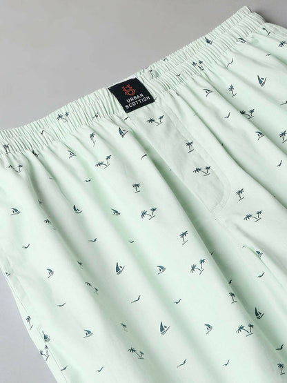 Men Printed Cotton Lounge Pants - Green Mid-Rise with Elastic Waistband | Indiaista