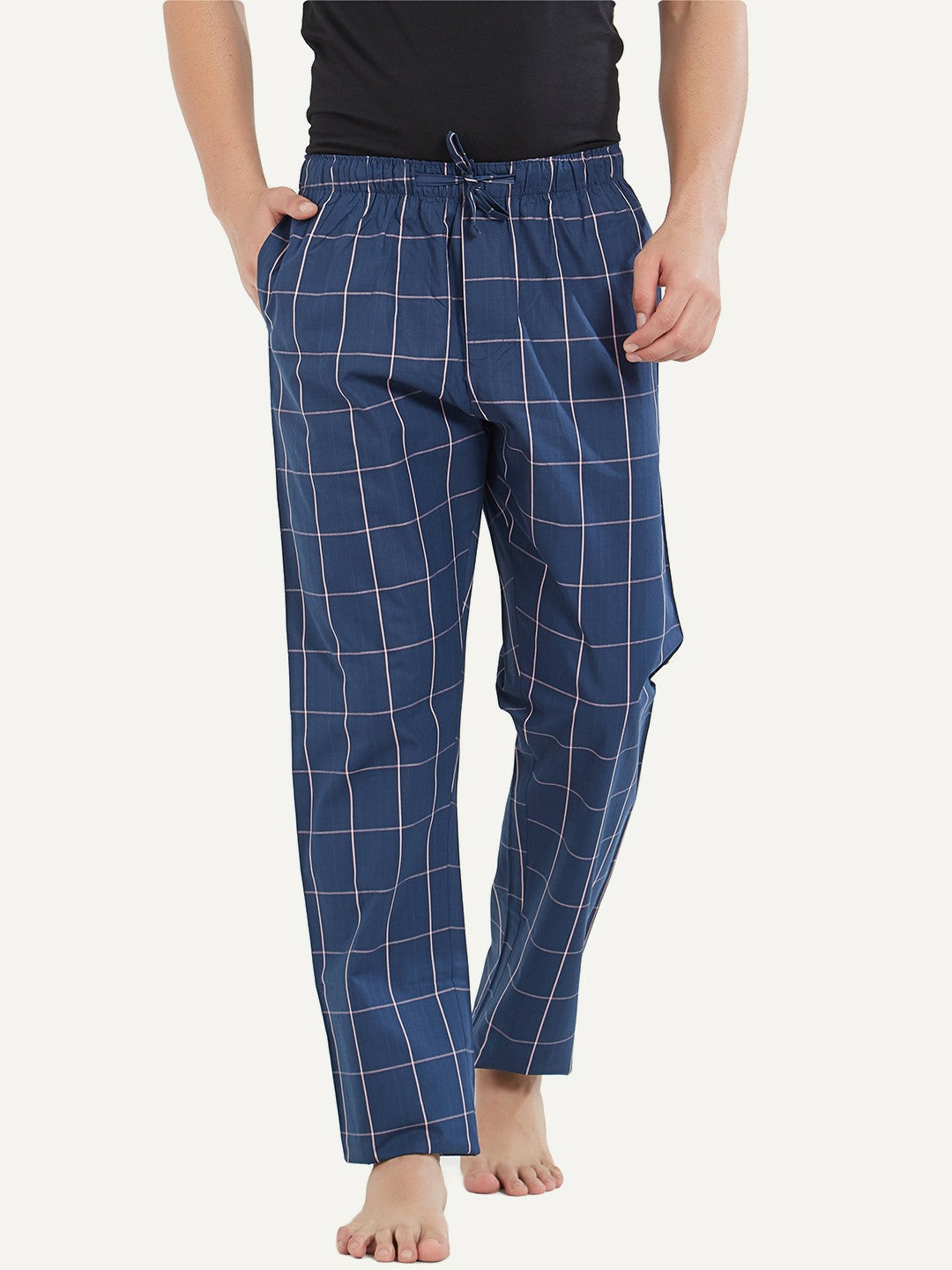 Buy Men’s Super Combed Cotton Checkmate Lounge Pants - Navy, Regular Fit with Drawstring & Pockets | Indiaista