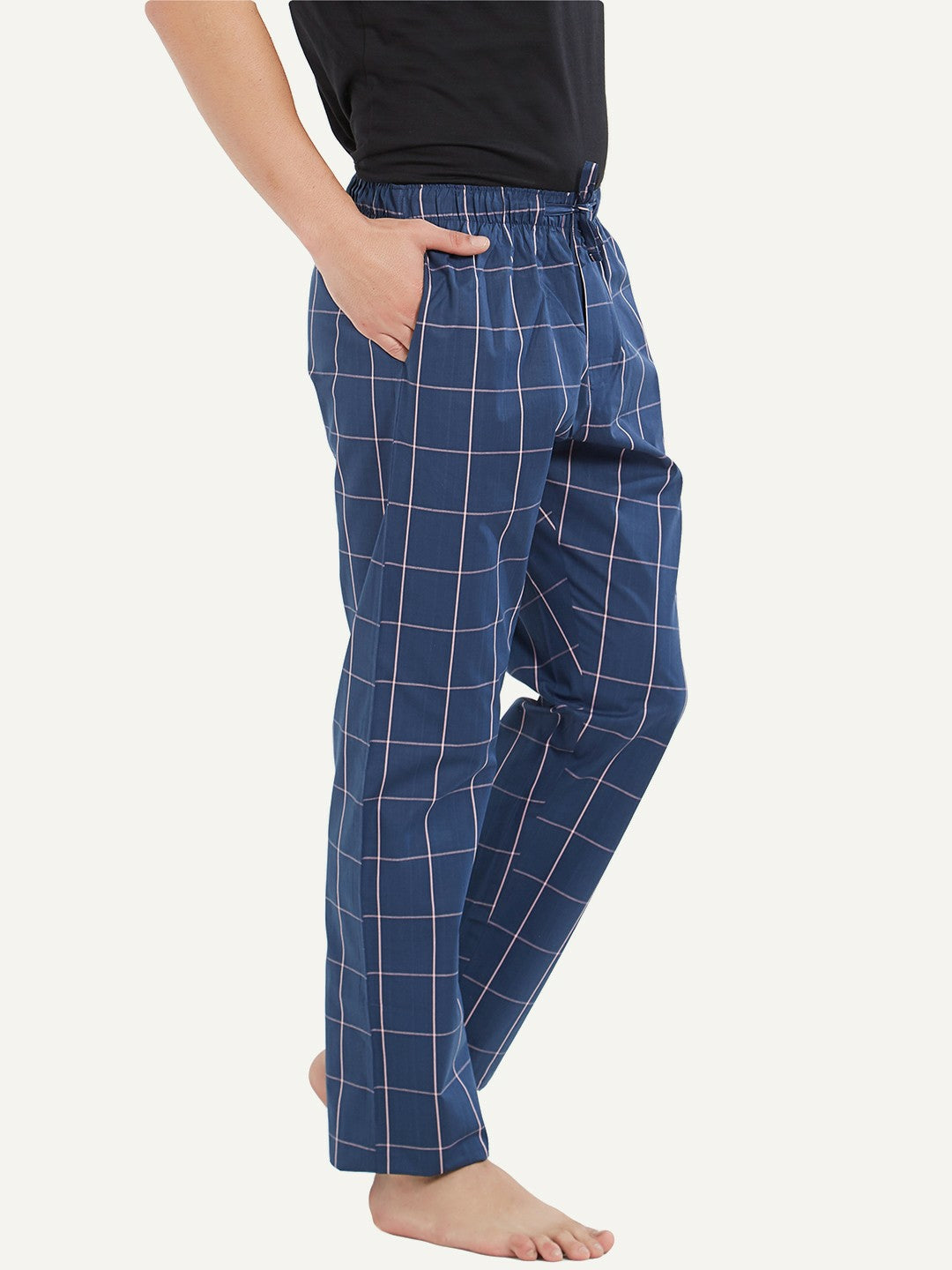 Buy Men’s Super Combed Cotton Checkmate Lounge Pants - Navy, Regular Fit with Drawstring & Pockets | Indiaista