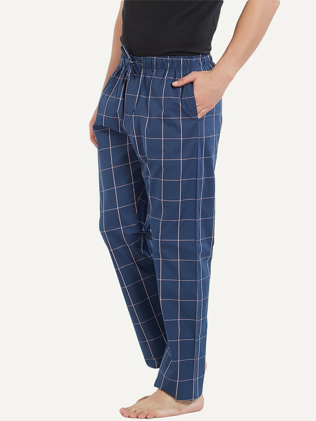 Buy Men’s Super Combed Cotton Checkmate Lounge Pants - Navy, Regular Fit with Drawstring & Pockets | Indiaista