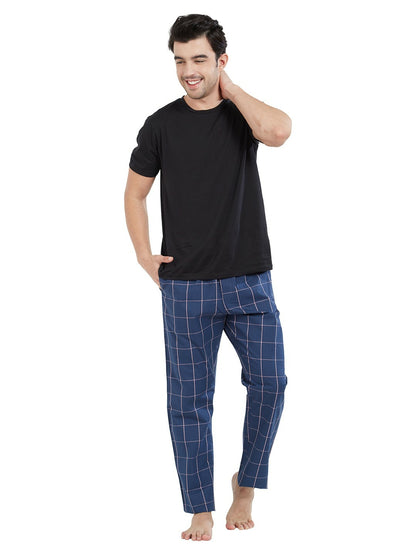 Buy Men’s Super Combed Cotton Checkmate Lounge Pants - Navy, Regular Fit with Drawstring & Pockets | Indiaista