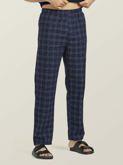 Men Checked Cotton Lounge Pants - Mid-Rise with Elasticated Waistband & Drawstring Closure | Indiaista