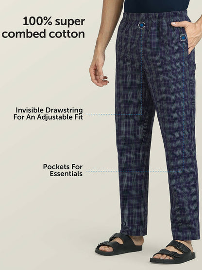 Men Checked Cotton Lounge Pants - Mid-Rise with Elasticated Waistband & Drawstring Closure | Indiaista