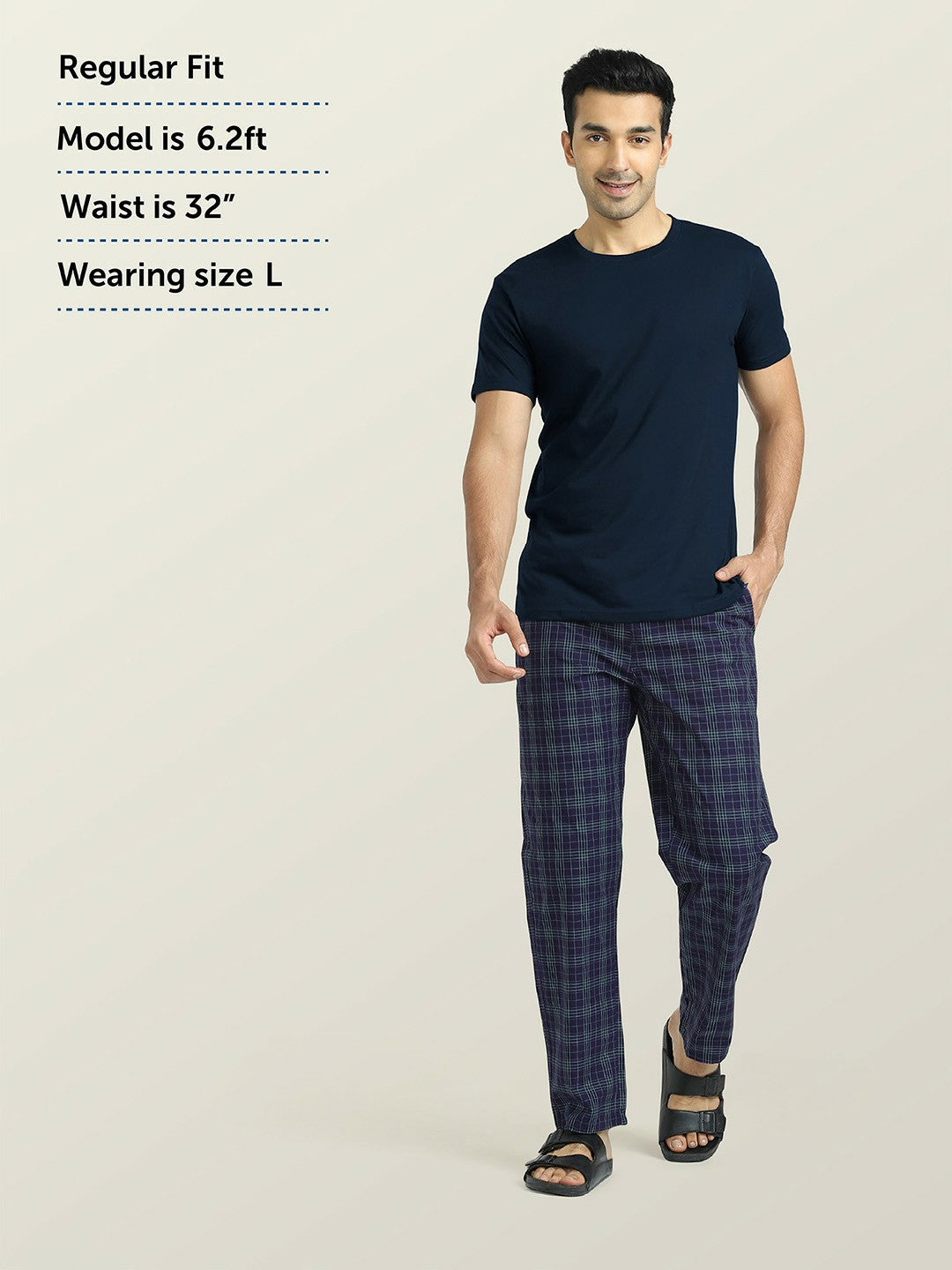 Men Checked Cotton Lounge Pants - Mid-Rise with Elasticated Waistband & Drawstring Closure | Indiaista