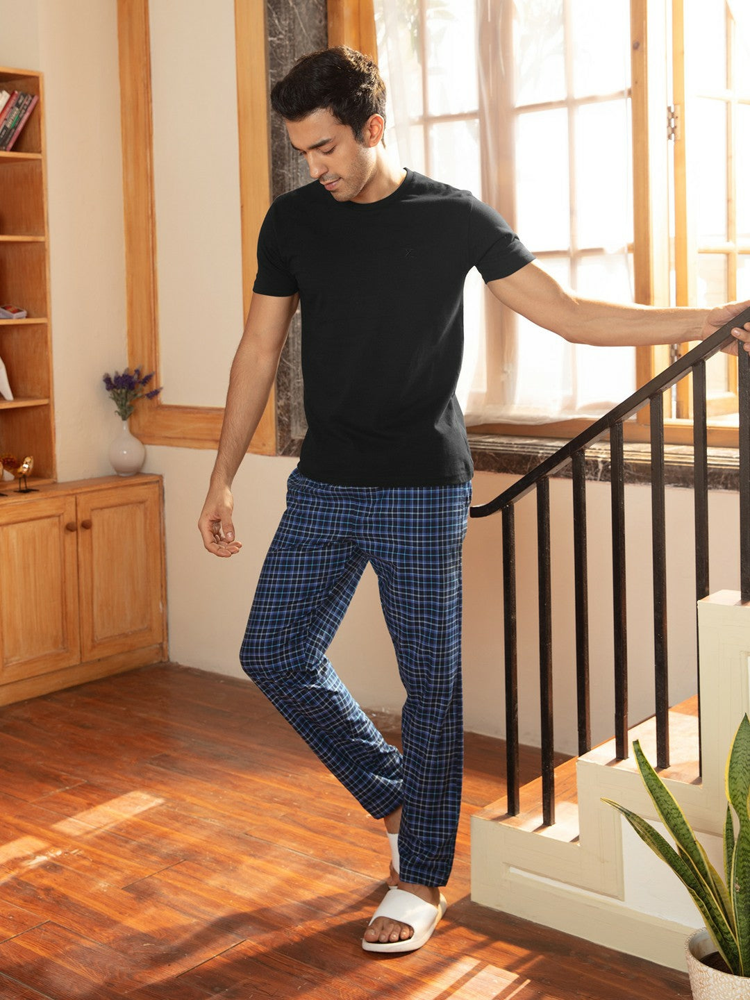 Men Black & Blue Checked Pure Cotton Antimicrobial Lounge Pant – Relaxed Fit with Drawstring Waistband | Indiaista