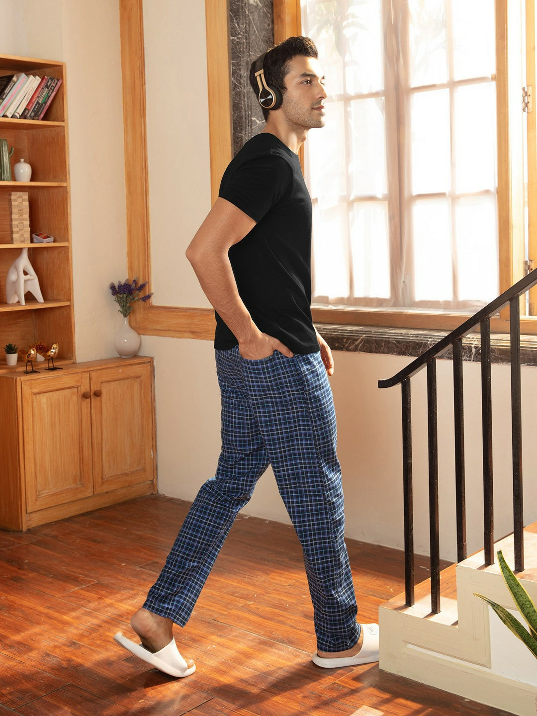 Men Black & Blue Checked Pure Cotton Antimicrobial Lounge Pant – Relaxed Fit with Drawstring Waistband | Indiaista