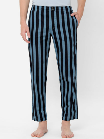 Men Blue & Black Striped Pure Cotton Lounge Pants - Comfortable Mid-Rise with Pockets