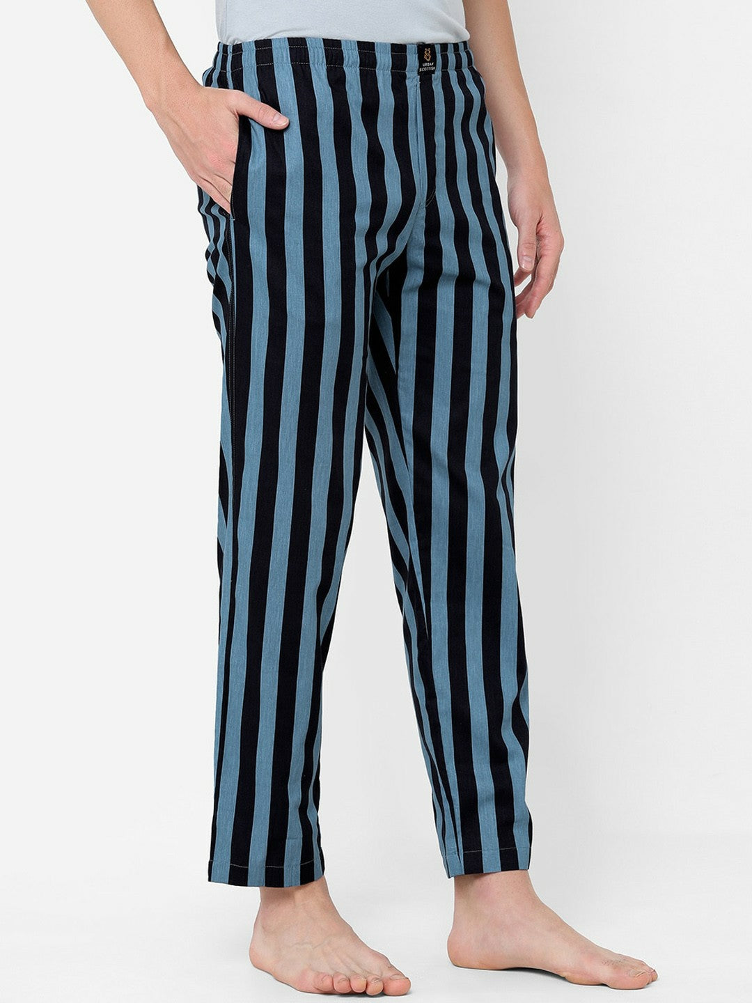 Men Blue & Black Striped Pure Cotton Lounge Pants - Comfortable Mid-Rise with Pockets