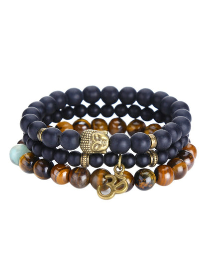 Set of 3 Black & Brown Buddha Elasticated Bracelets for Men – Rhodium-Plated Gold-Toned Beads | Indiaista