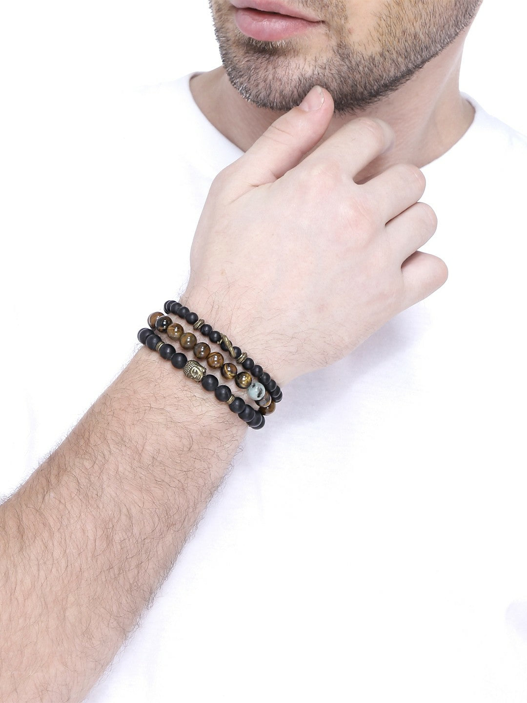 Set of 3 Black & Brown Buddha Elasticated Bracelets for Men – Rhodium-Plated Gold-Toned Beads | Indiaista