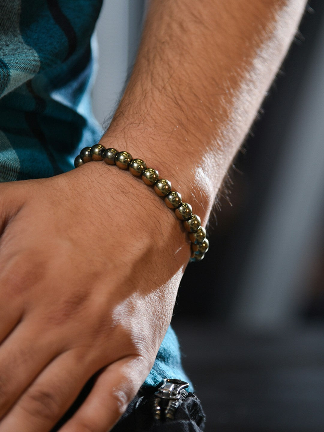 Gold-Toned Elasticated Men’s Bracelet with Pyrite – Alloy Slip-On Golden Bracelet | Indiaista