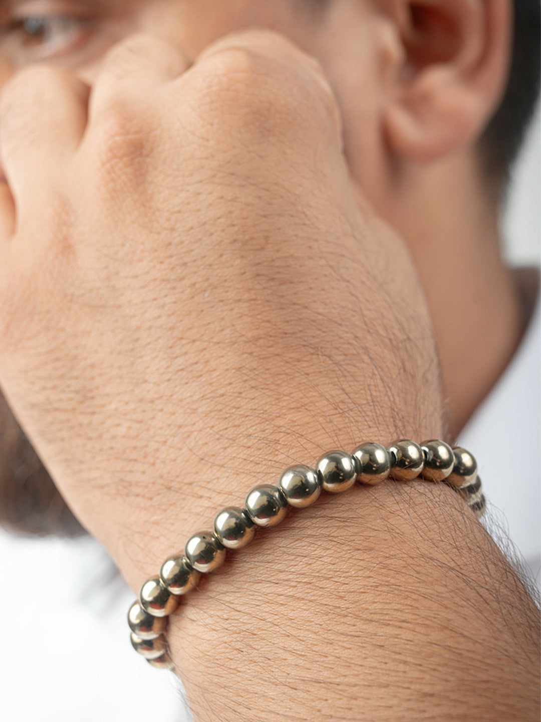 Gold-Toned Elasticated Men’s Bracelet with Pyrite – Alloy Slip-On Golden Bracelet | Indiaista