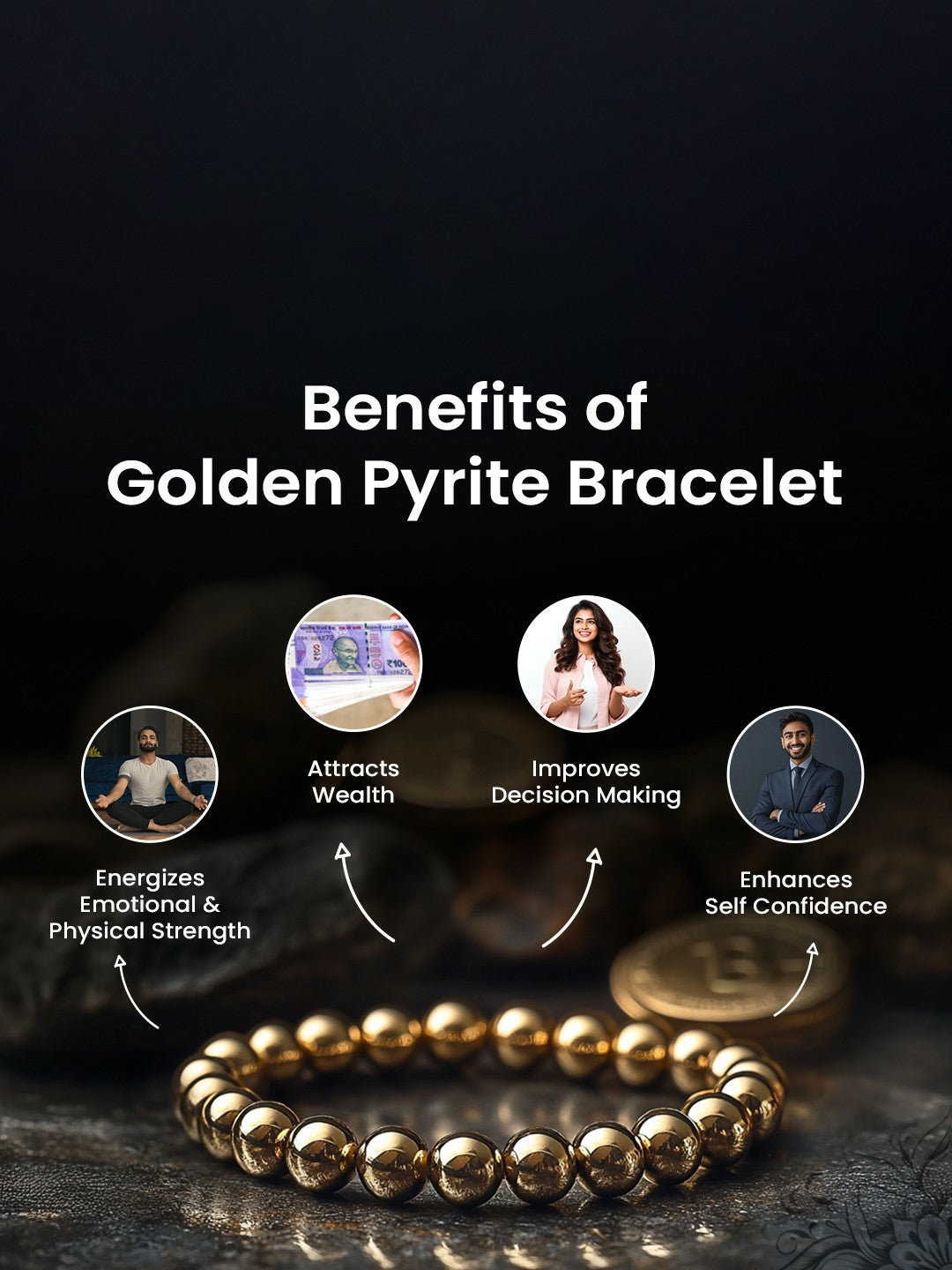 Gold-Toned Elasticated Men’s Bracelet with Pyrite – Alloy Slip-On Golden Bracelet | Indiaista