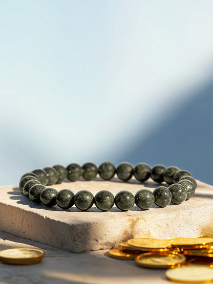 Grey Elasticated Men's Bracelet with Raw Pyrite Crystals – Slip-On Alloy Bracelet | Indiaista