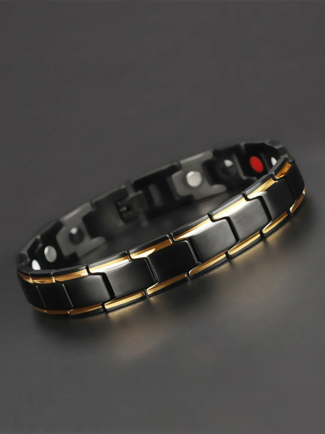 Men's Black & Gold-Toned Link Bio Energy Bracelet – Stainless Steel, Foldover Closure | Indiaista