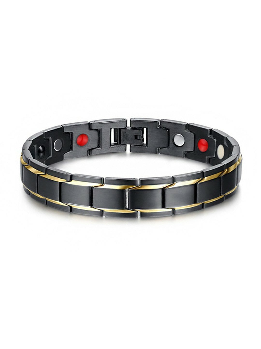 Men's Black & Gold-Toned Link Bio Energy Bracelet – Stainless Steel, Foldover Closure | Indiaista