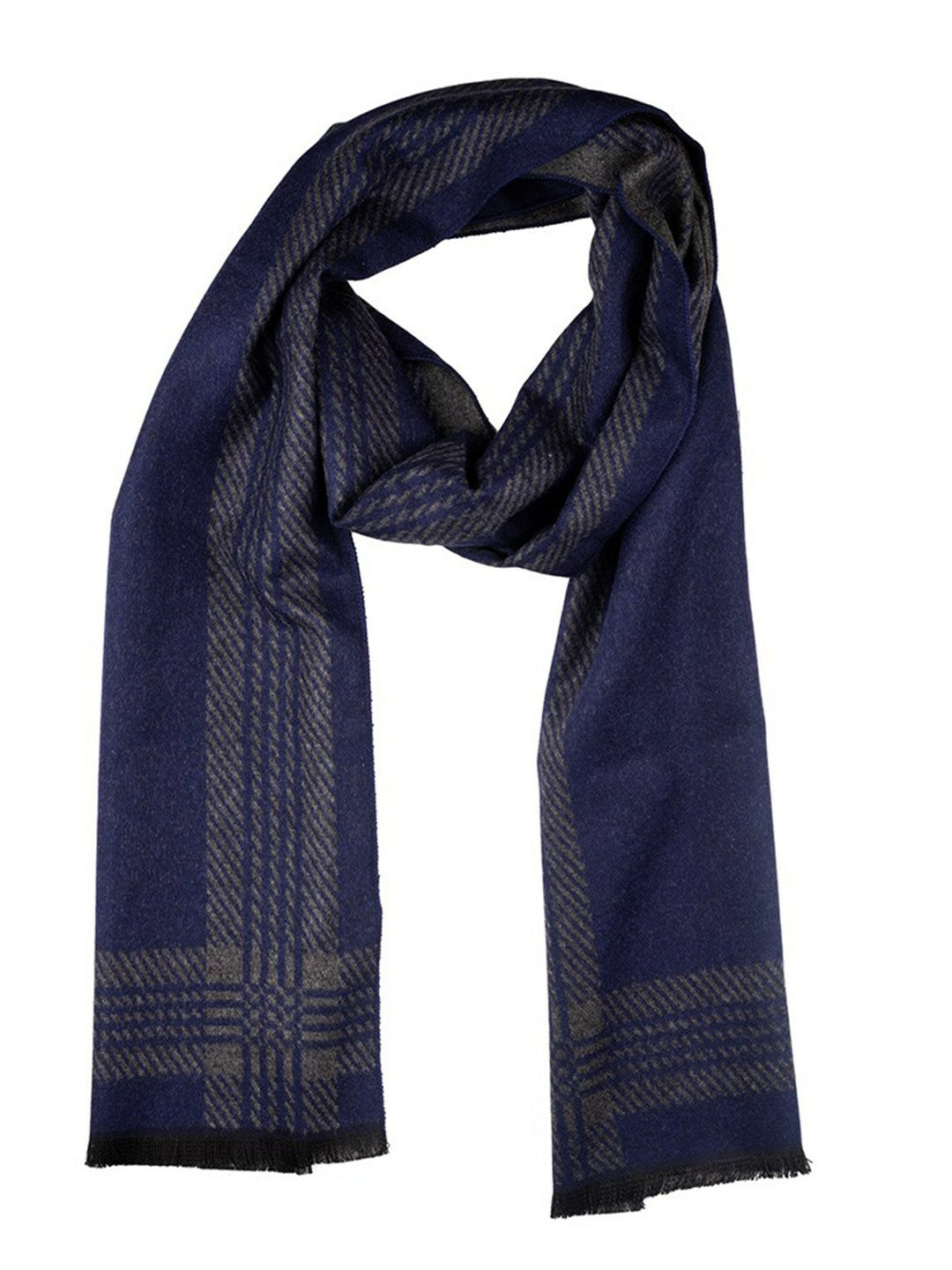 Men’s Striped Woolen Scarf – Blue & Grey with Frayed Border | Indiaista