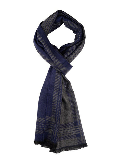 Men’s Striped Woolen Scarf – Blue & Grey with Frayed Border | Indiaista