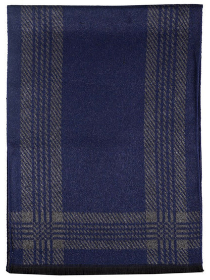 Men’s Striped Woolen Scarf – Blue & Grey with Frayed Border | Indiaista