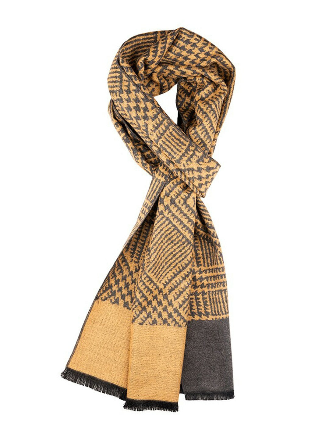 Men Checked Woolen Scarf with Frayed Border – Yellow & Grey | Indiaista